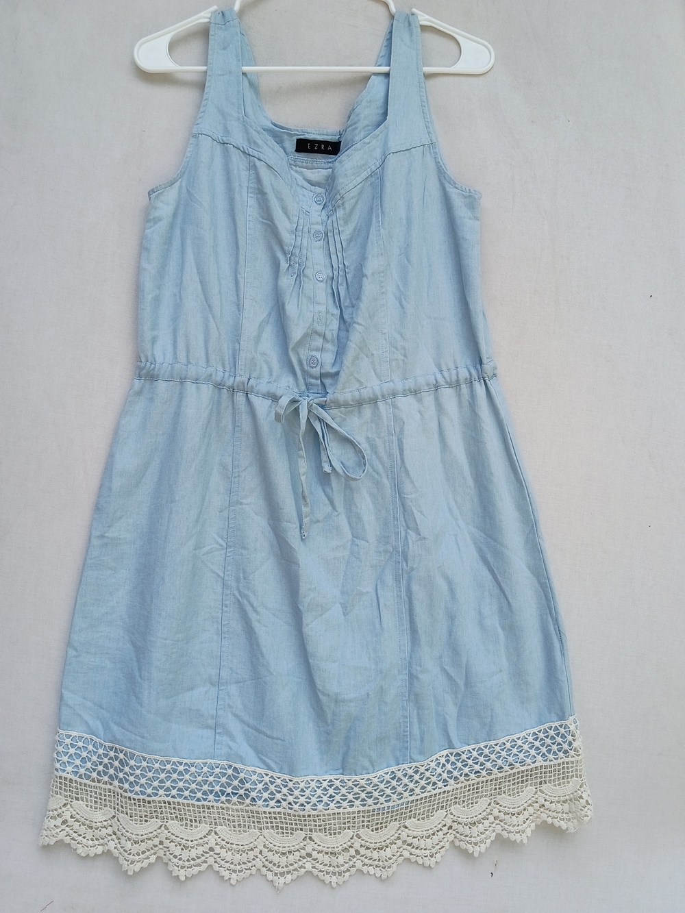 ezra Pale Blue Sleeveless Tie-Waist Midi Dress with Crochet Trim